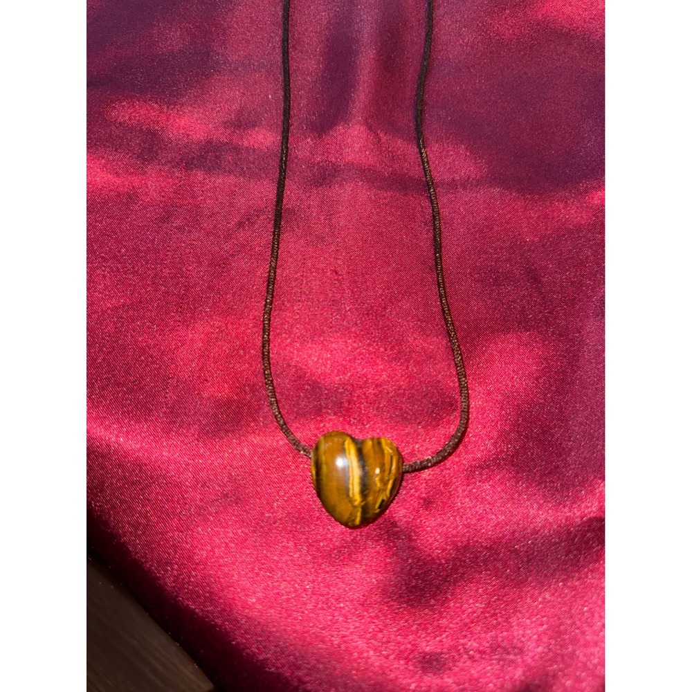 Tigers Eye Heart Pendant Necklace Brown Cord Natural Stone Boho Jewelry